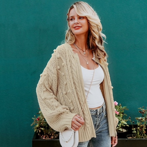 Zip Up Pom Pom Beige Cardigan - Picture 3 of 8